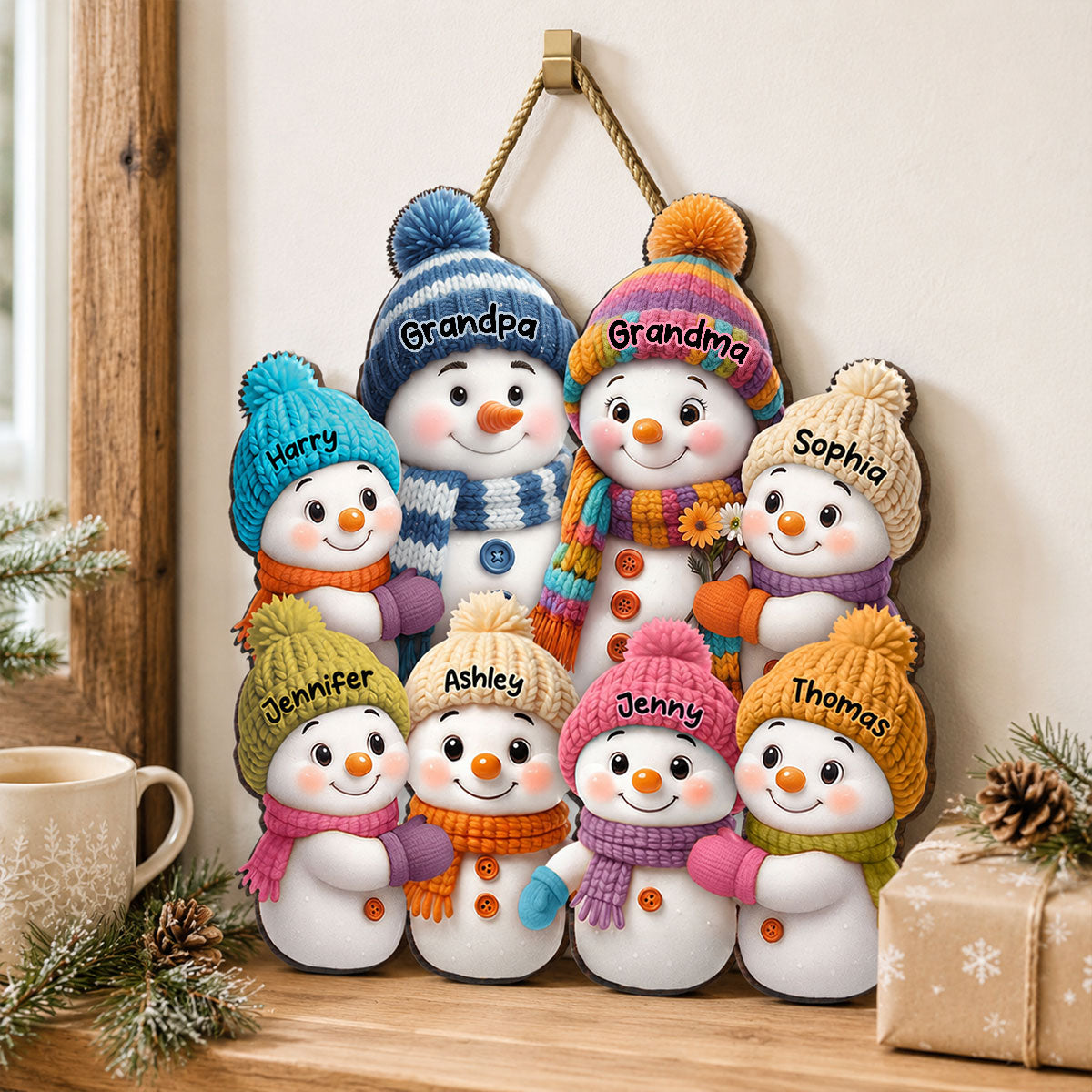 Snowman Grandparents and Grandkids - Personalized Wooden Door Sign - Cozy Christmas Decor for Grandparents