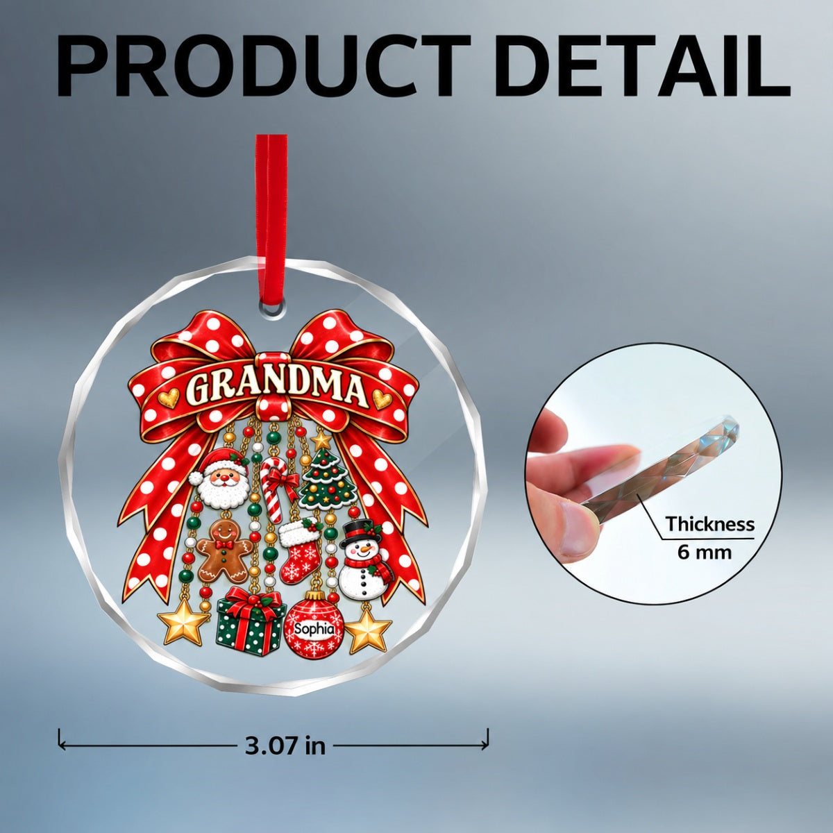 Grandma Retro Christmas Charm Bow - Personalized Glass Ornament - Trendy Christmas for Grandma