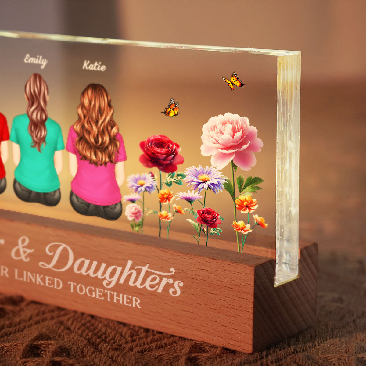 Mother & Daughters Sons Forever Linked Together 3D Effect Birth Month Flowers Personalized Acrylic Block LED Night Light
