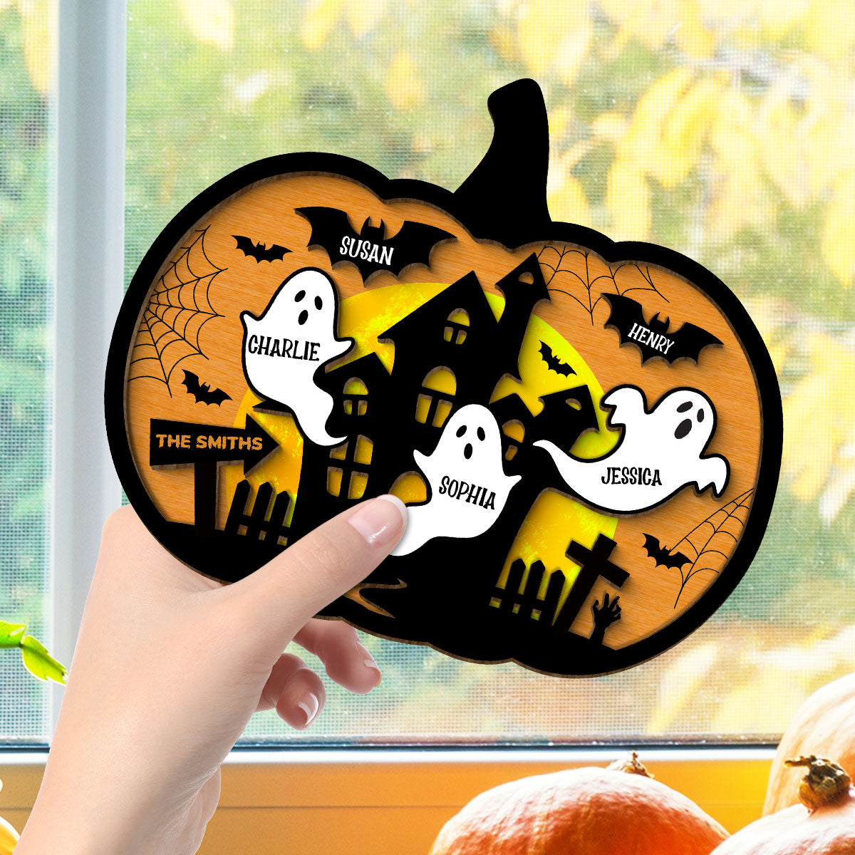 Halloween Boo Family Pumpkin Shaped Personalized 2 Layer Wooden Plaque