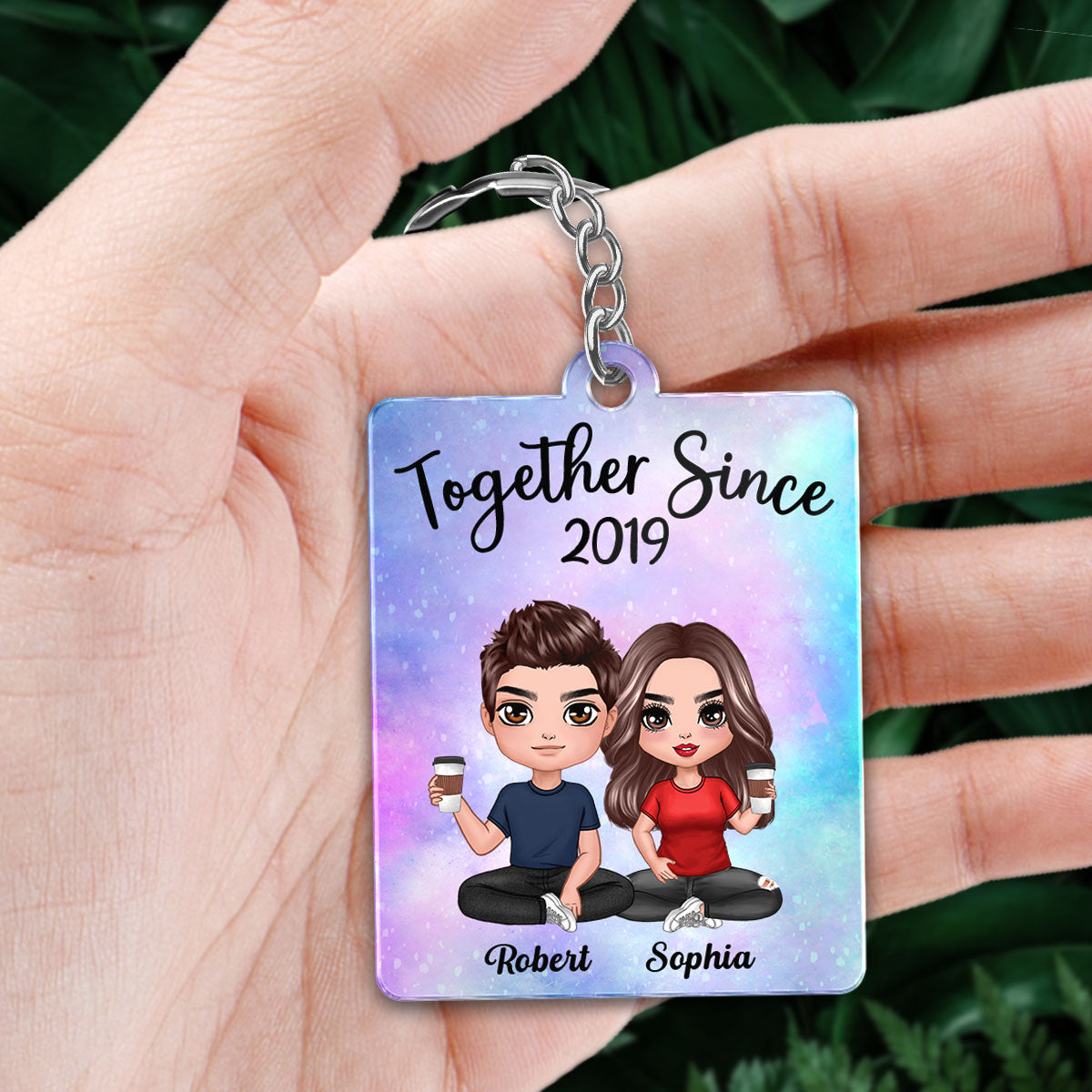 Doll Couple Sitting Custom Secret Message QR Code Gift For Her Gift For Him Personalized Acrylic Keychain