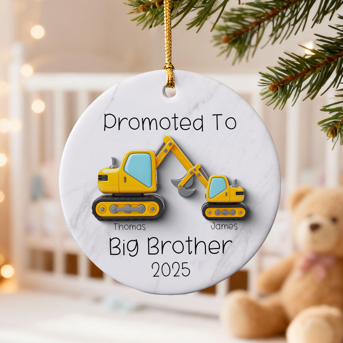 Promoted To Big Brother Big Sister 3D Effect Excavator - Personalized Ceramic Ornament - Proud New Big Siblings Gift