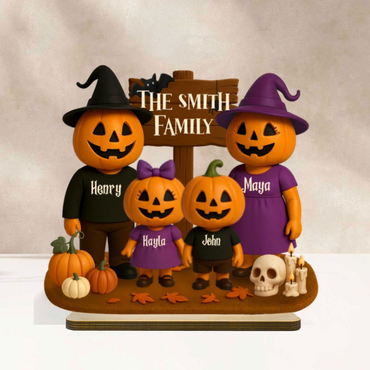 Jack O' Lantern Family 3D Effect Personalized 2-Layered Standing Wooden Plaque, Halloween Decor