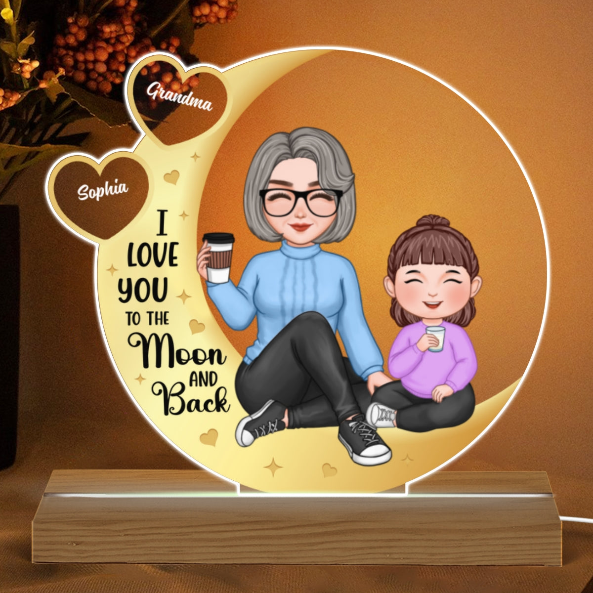 Love You To The Moon Yellow Moon Hearts Cute Grandma & Grandkid Sitting Personalized Acrylic Plaque With LED Night Light