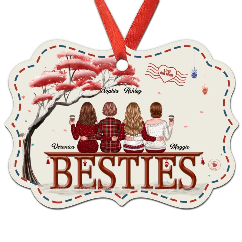 Besties Back View Under Red Tree Envelope Border Personalized Christmas Ornament