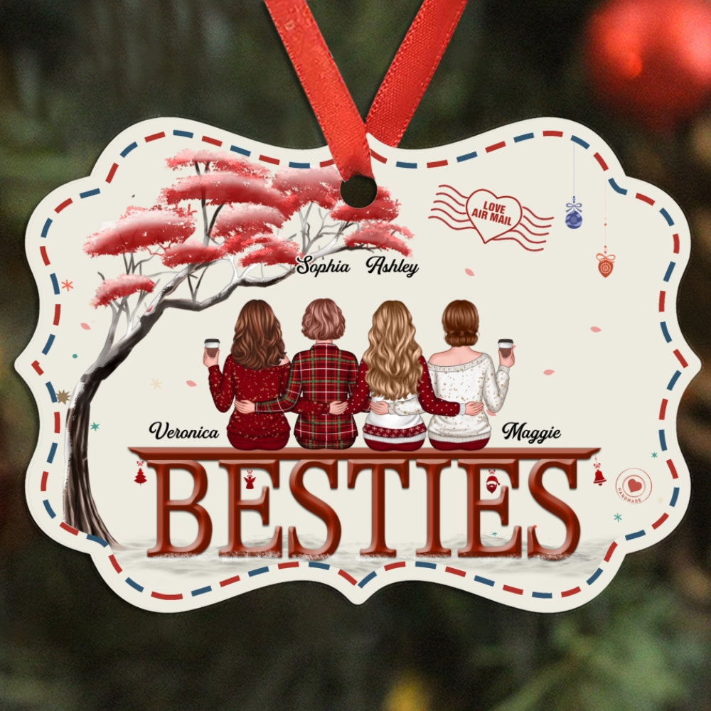 Besties Back View Under Red Tree Envelope Border Personalized Christmas Ornament