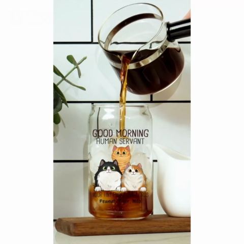 Good Morning Cat Human Servant Funny Gift For Cat Lovers Personalized Clear Glass Can
