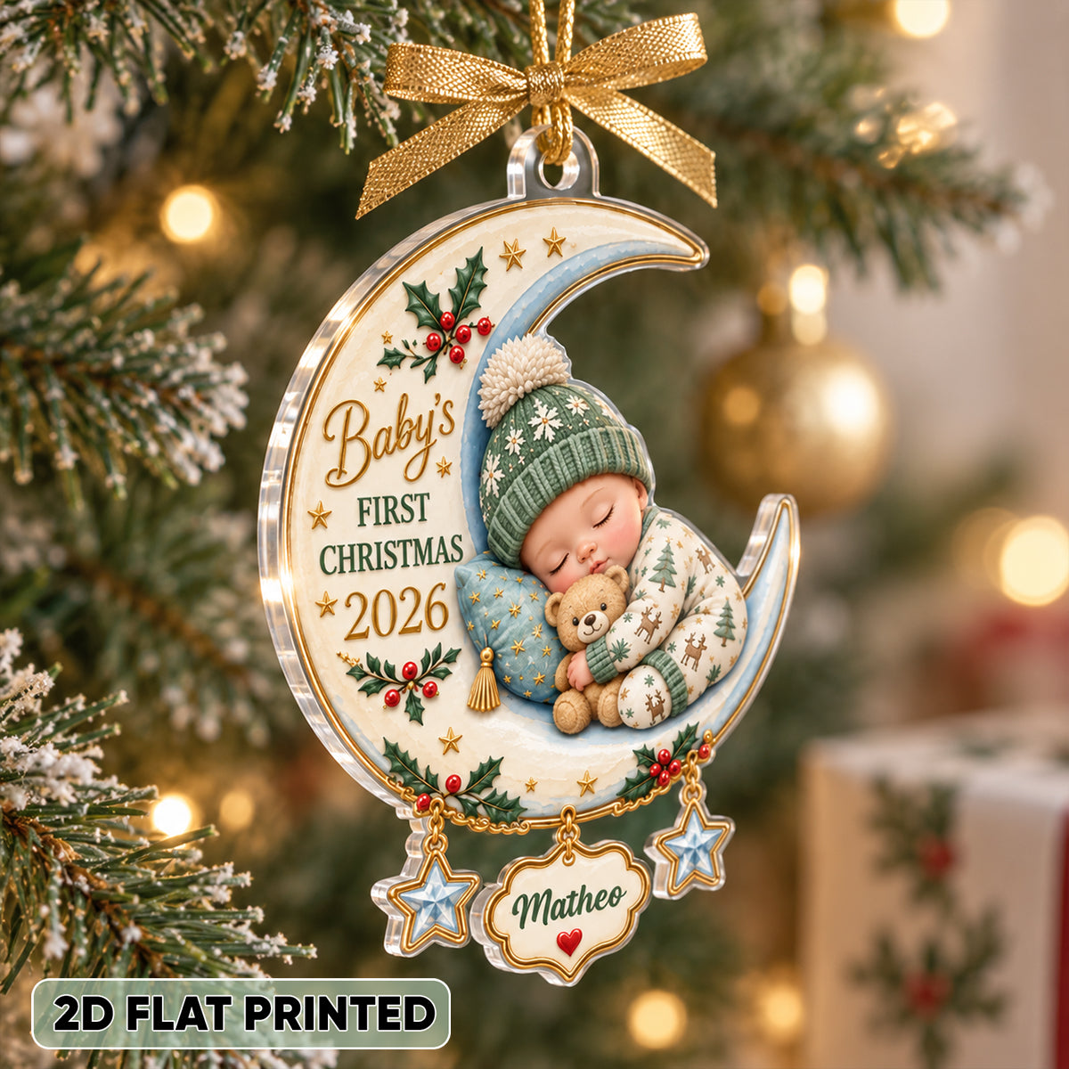 Baby's First Christmas Custom Name Moon & Star - Personalized Acrylic Ornament - Newborn Christmas Gift for New Parents