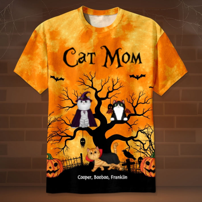 Cat Mom Halloween Moon Light Bat Cat Tree Personalized Shirt, Purrfect Costume for Cat Lover