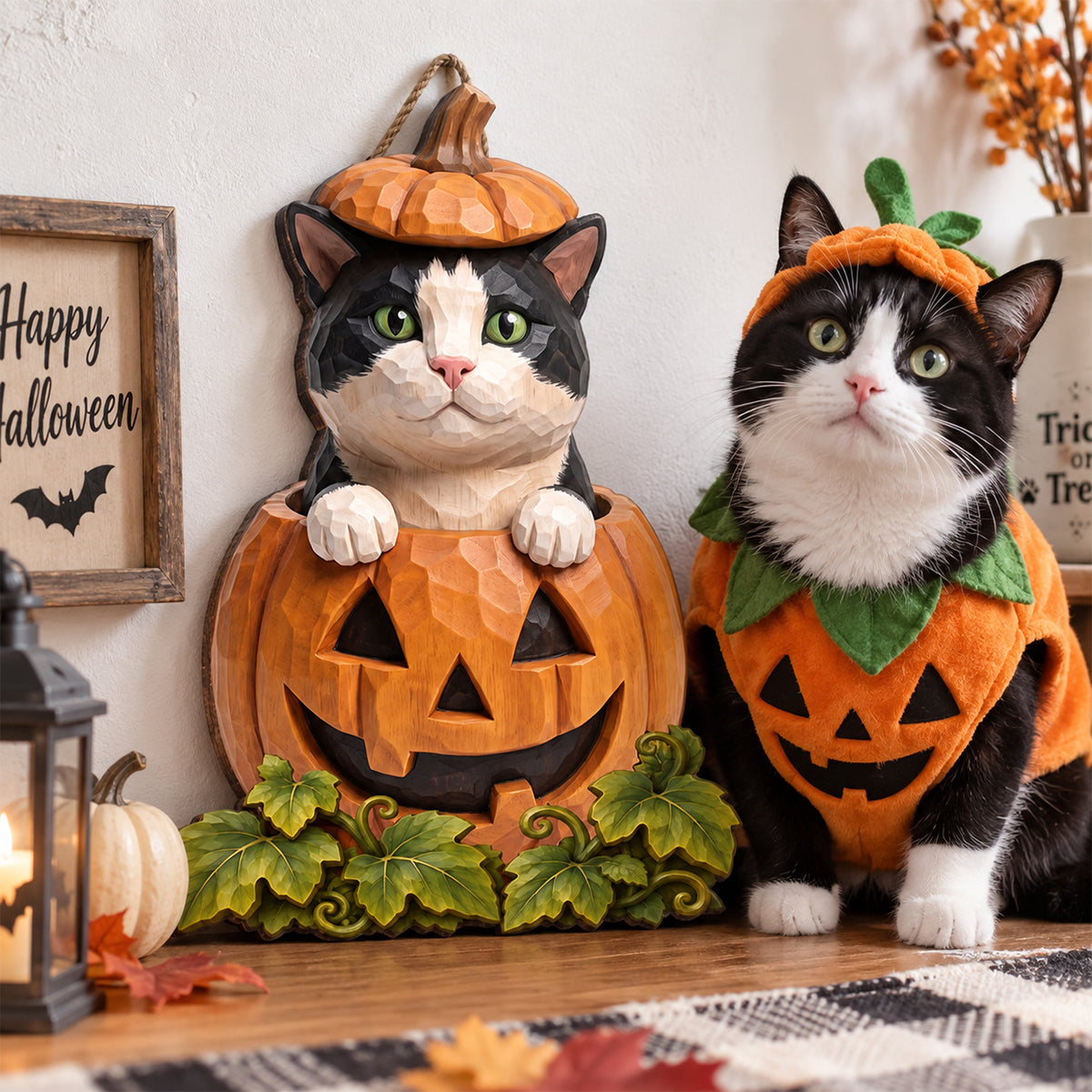Custom Dog Cat Pumpkin Art - Personalized Wooden Door Sign - Pet Halloween Fall Decor