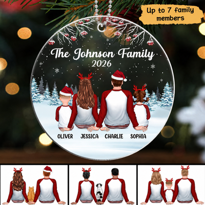 Family Back View Pajamas In Snow Personalized Circle Acrylic Ornament