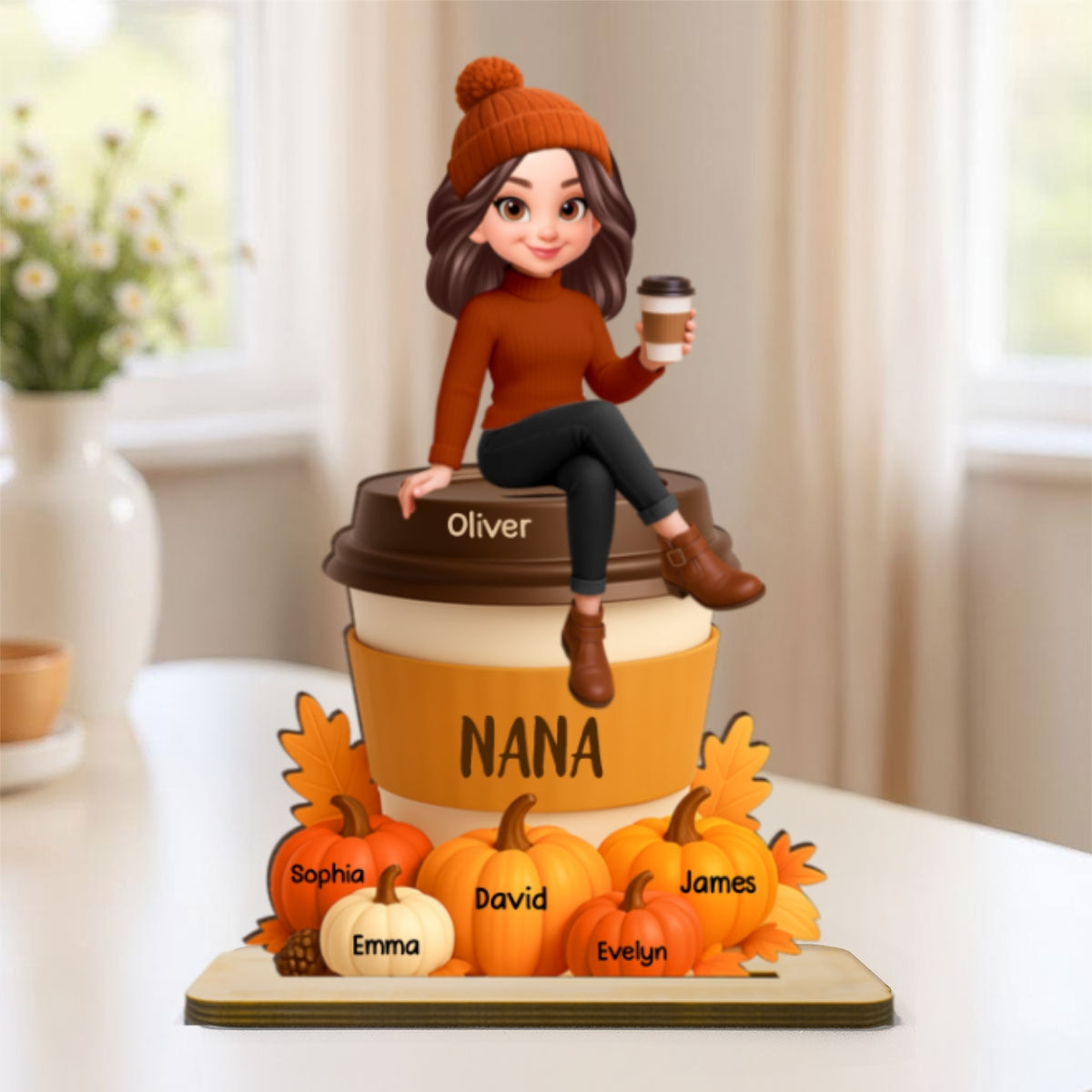 Grandma Mom Sitting On Pumpkin Spice Latte Grandkids Names Personalized 2-Layer Standing Wooden Plaque, Fall Season Decoration