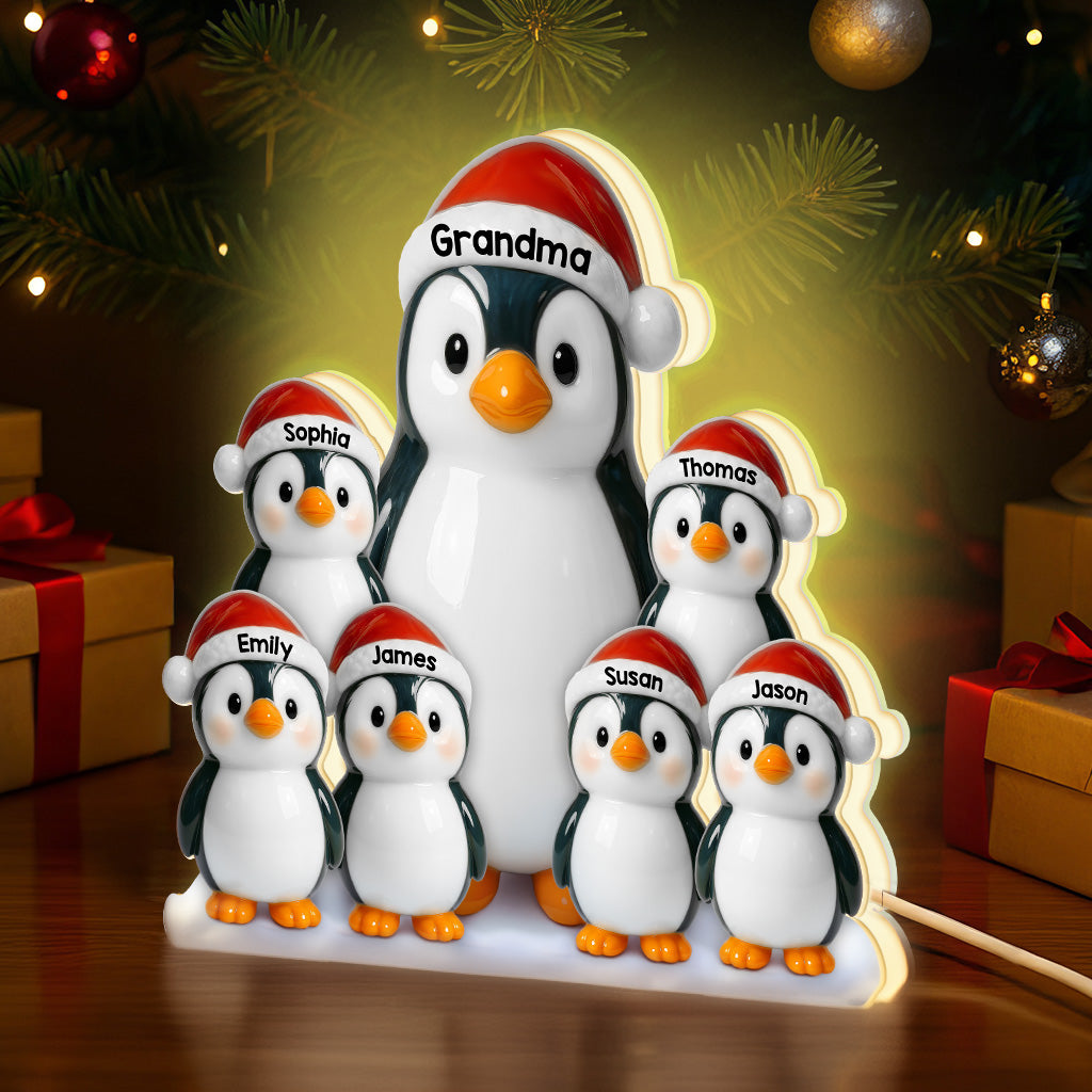 3D Effect Cute Christmas Penguins Grandma & Grandkids - Personalized Light Box
