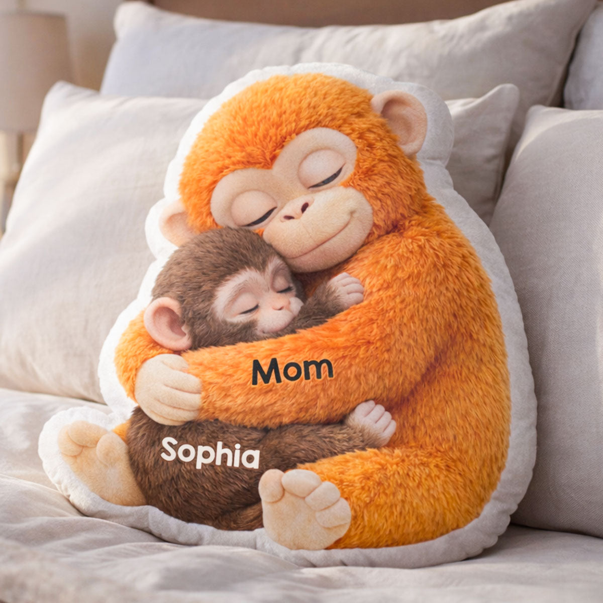 Mother Monkey & Children, Baby Monkey Punch - Personalized Faux Fur Custom Shaped Pillow - Heartfelt Mother's Day Gift for Mom, Wife