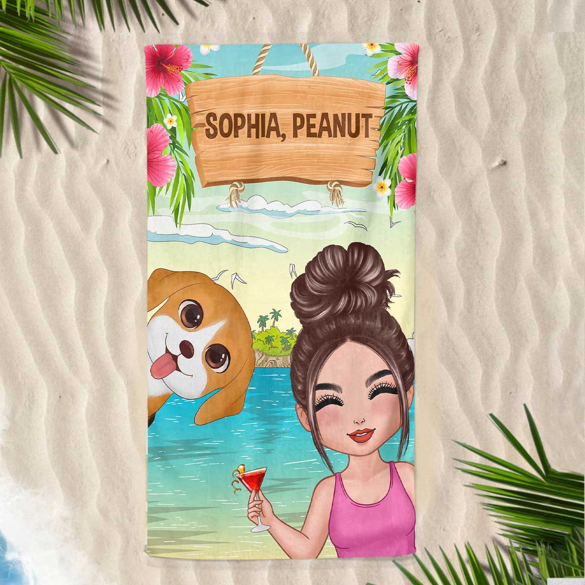 Doll Woman And Watercolor Cute Dogs Summer Personalized Beach Towel