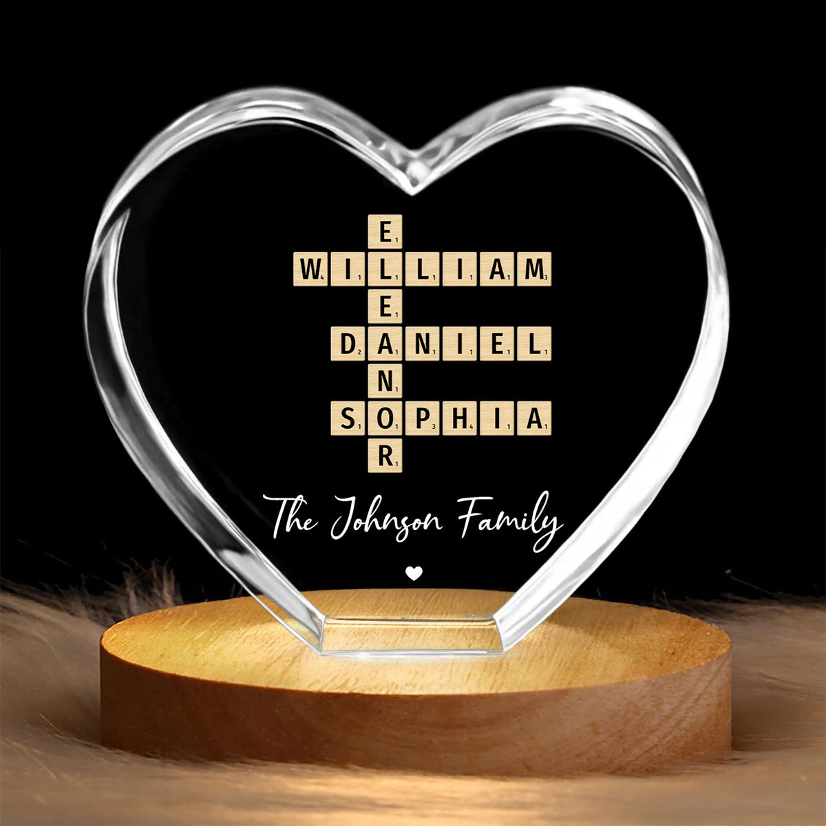 Family Names Crossword Art - Created In A Moment, Treasured Forever Personalized Heart Crystal LED