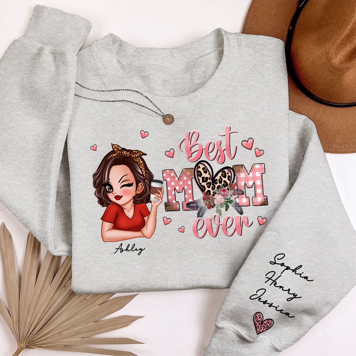 Best Mom Ever Pink Leopard Pretty Woman Personalized Sleeve Printed Sweatshirt