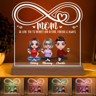 Mom We Love You To Infinity Doll Mom & Children Daughter Son Sitting Personalized Custom Shaped Acrylic Plaque With LED Night Light