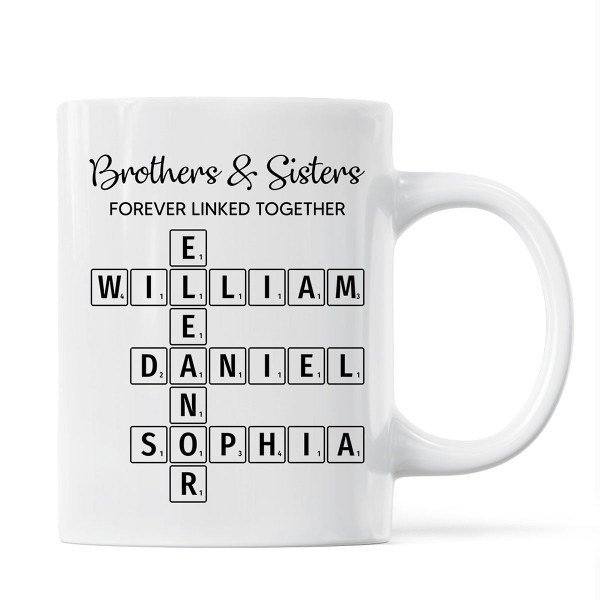 Brothers & Sisters Forever Linked Together Crossword Puzzle Art Personalized Mug, Gift For Brothers, Sisters, Siblings, Family