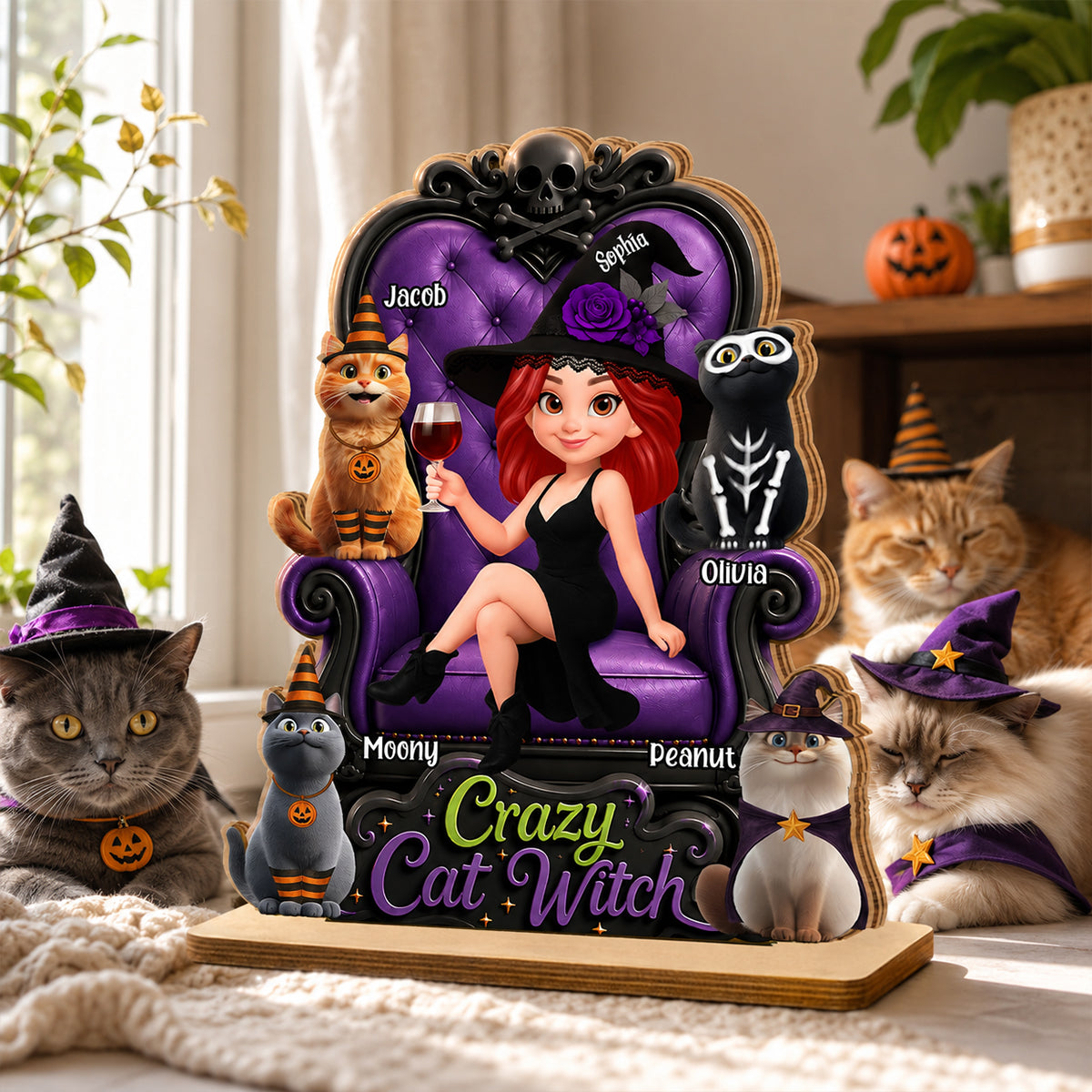 Crazy Cat Witch Halloween - Personalized 2-Layered Wooden Plaque - Halloween Decor for Cat Lovers