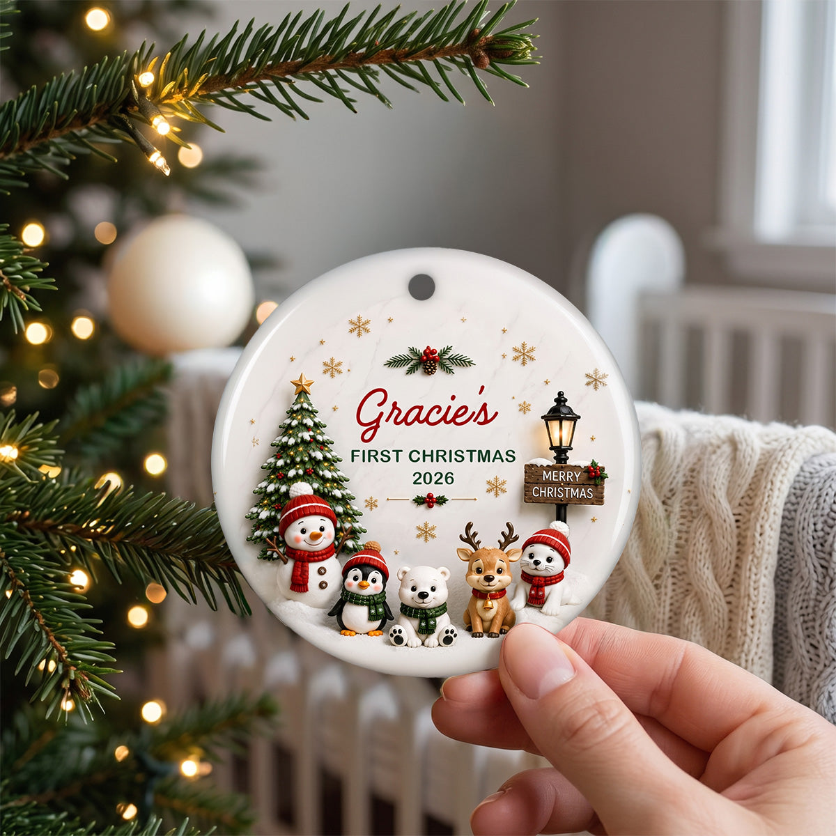 Cute Winter Friends Baby’s First Christmas - Personalized Ceramic 2026 Ornament – Christmas Keepsake