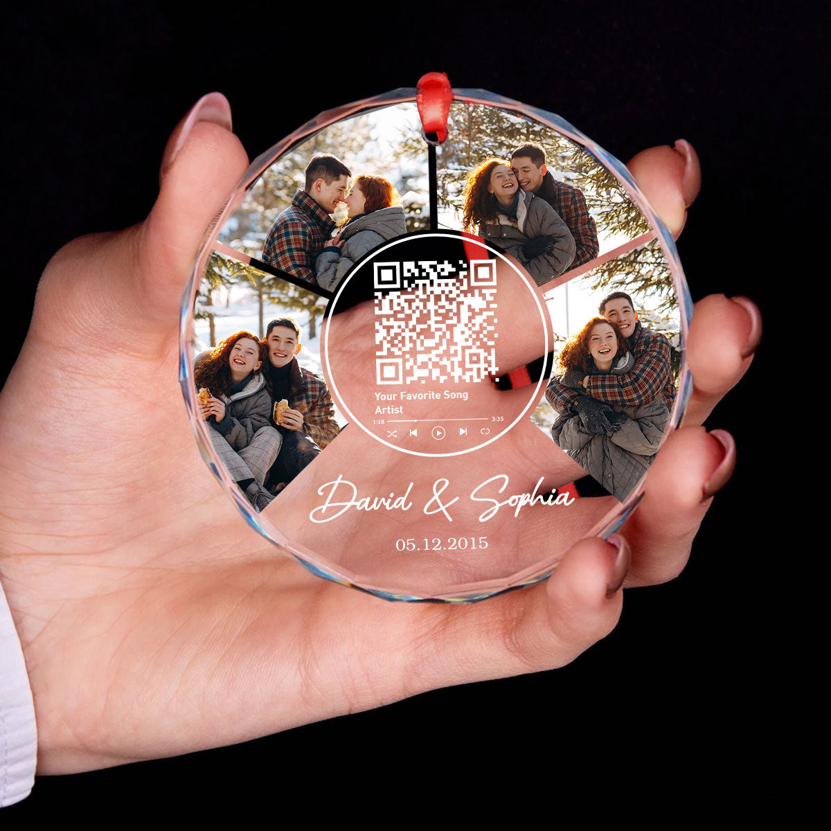 Couple Photo Custom Song Scannable QR Code, Personalized Glass Ornament