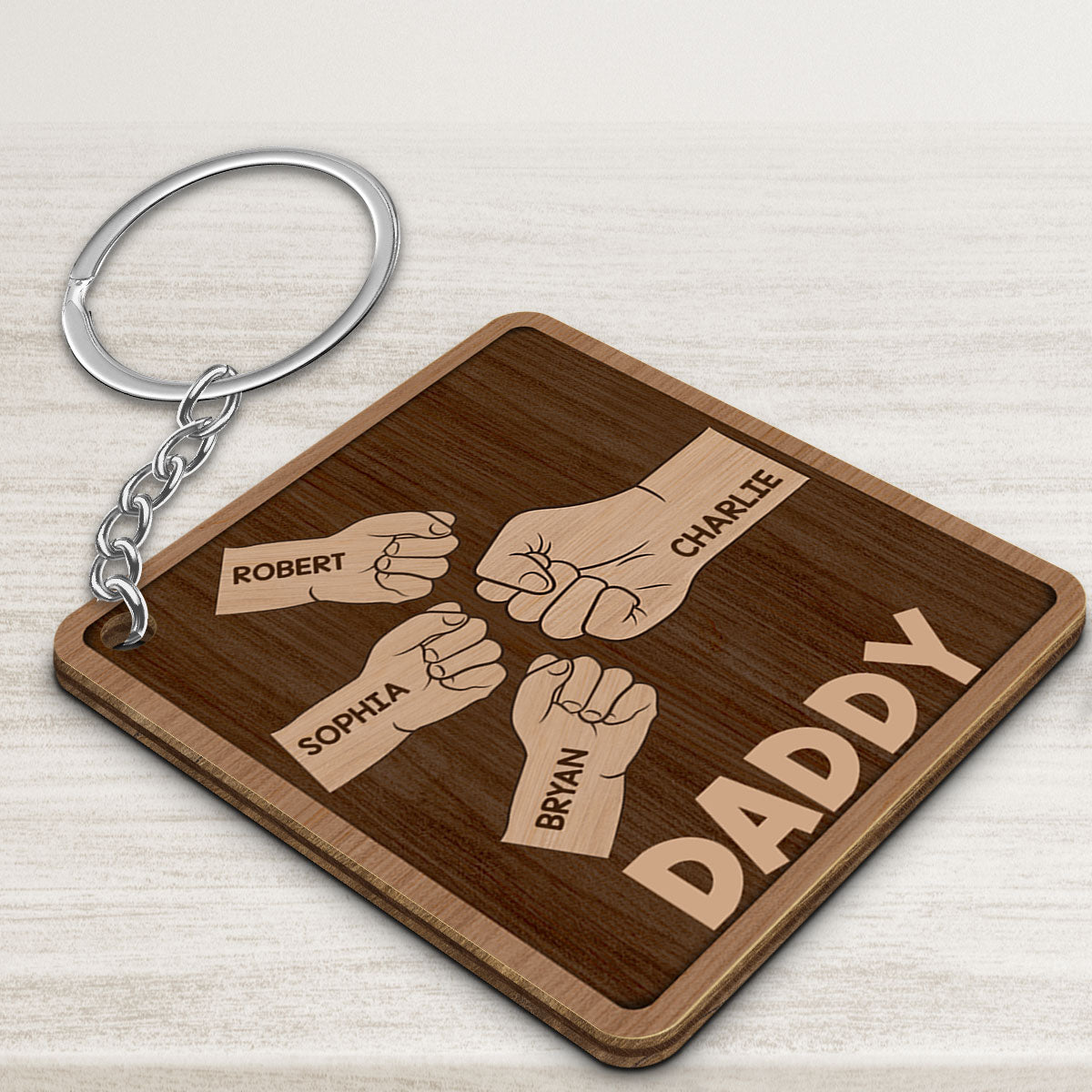 Dad Grandpa And Kids Fist Bump Hands Personalized Wooden Keychain