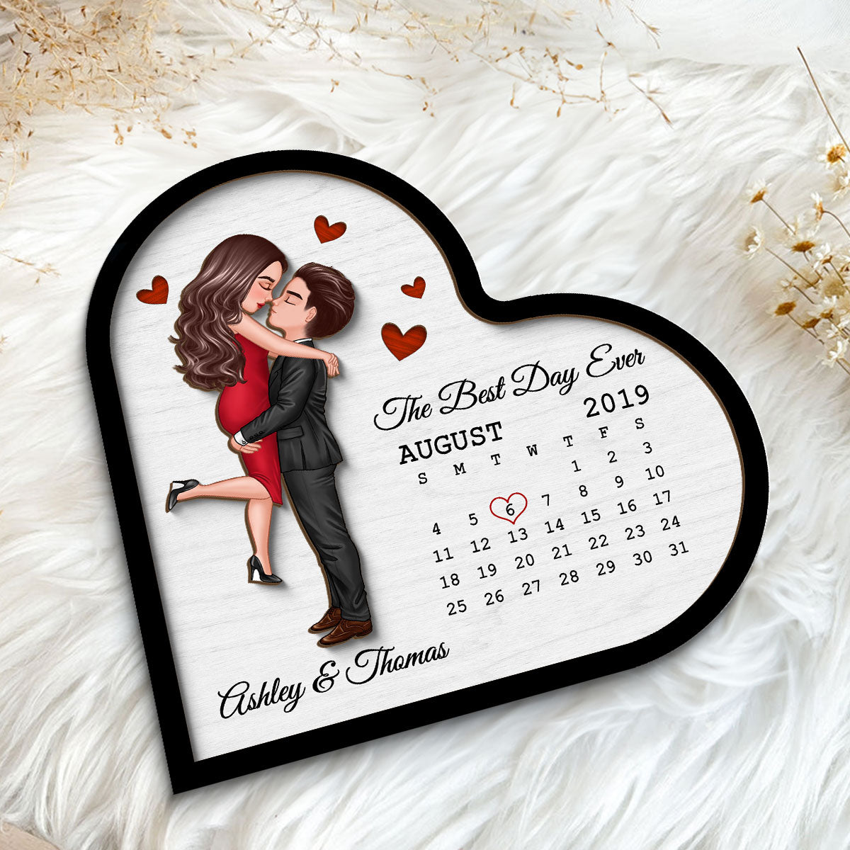 Doll Couple Hugging Kissing Calendar Anniversary Date Gift For Couple Gift For Him Gift For Her Personalized Heart Shaped 2 Layer Wooden Plaque