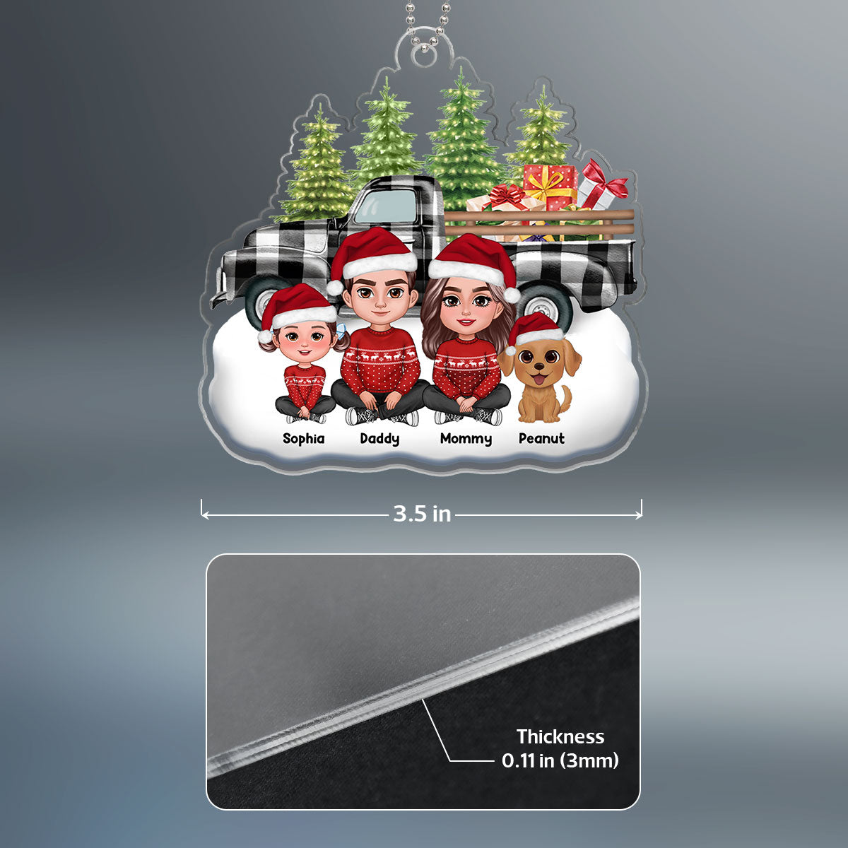 Buffalo Plaid Christmas Truck Family Dad Mom Kids Dogs Cats Crossed Legs Sitting Personalized Acrylic Ornament