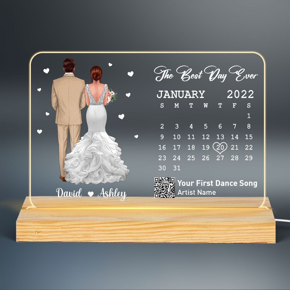 First Dance Song Wedding Anniversary Calendar Gift Couple Back View Scannable QR Code Personalized Horizontal Acrylic Plaque With LED Night Light