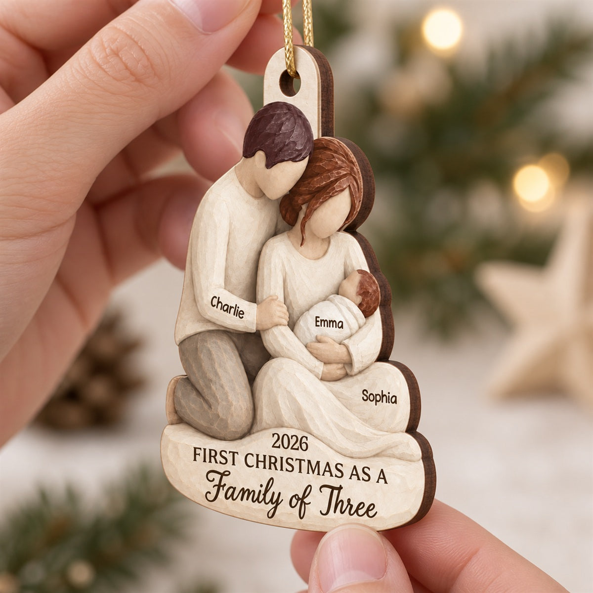 And Then There Were Three 2D Flat Printed - Personalized Wooden Ornament - First Christmas Keepsake For New Parents