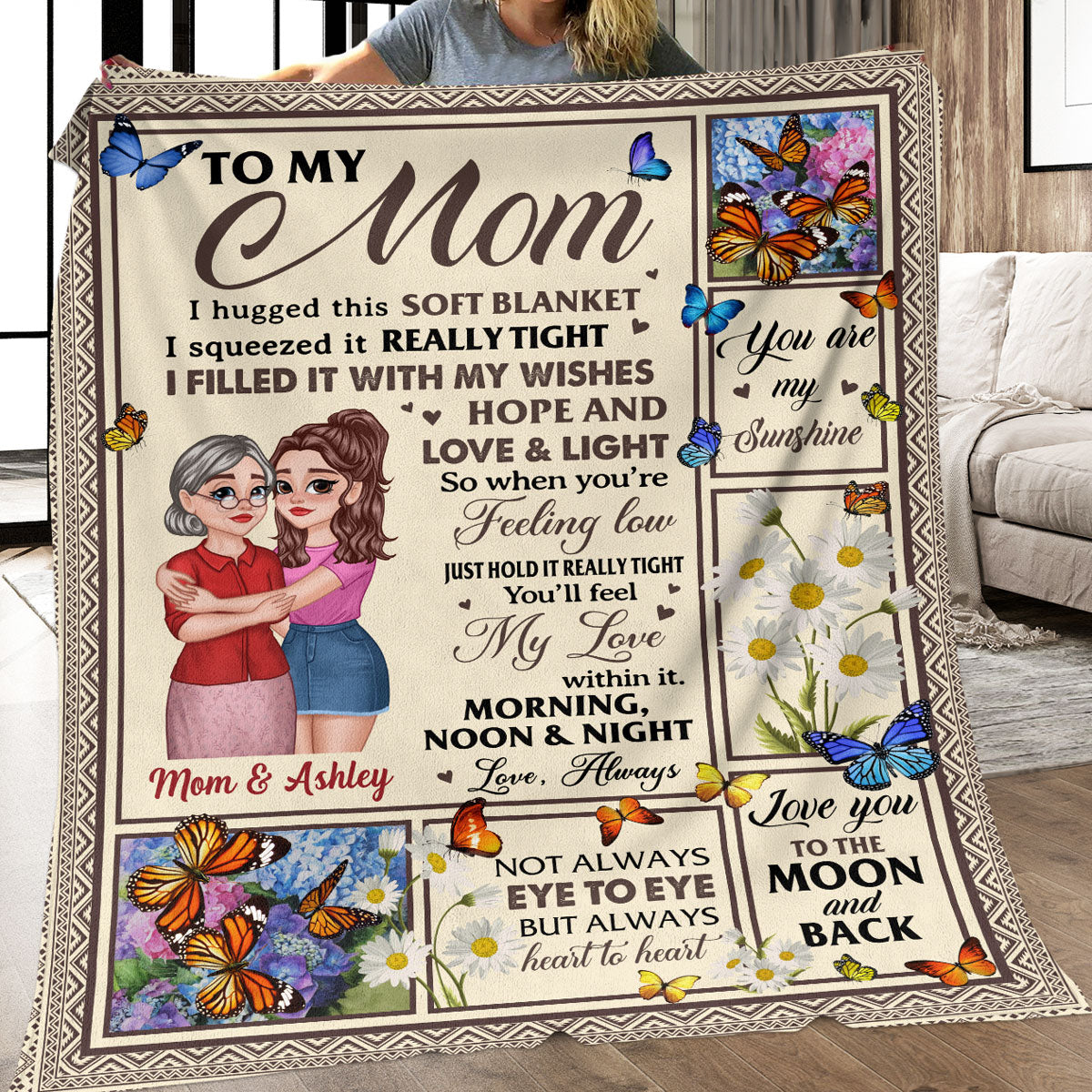 Feel My Love Within Hugging Cartoon Mom Daughter Flower Butterfly Personalized Fleece Blanket