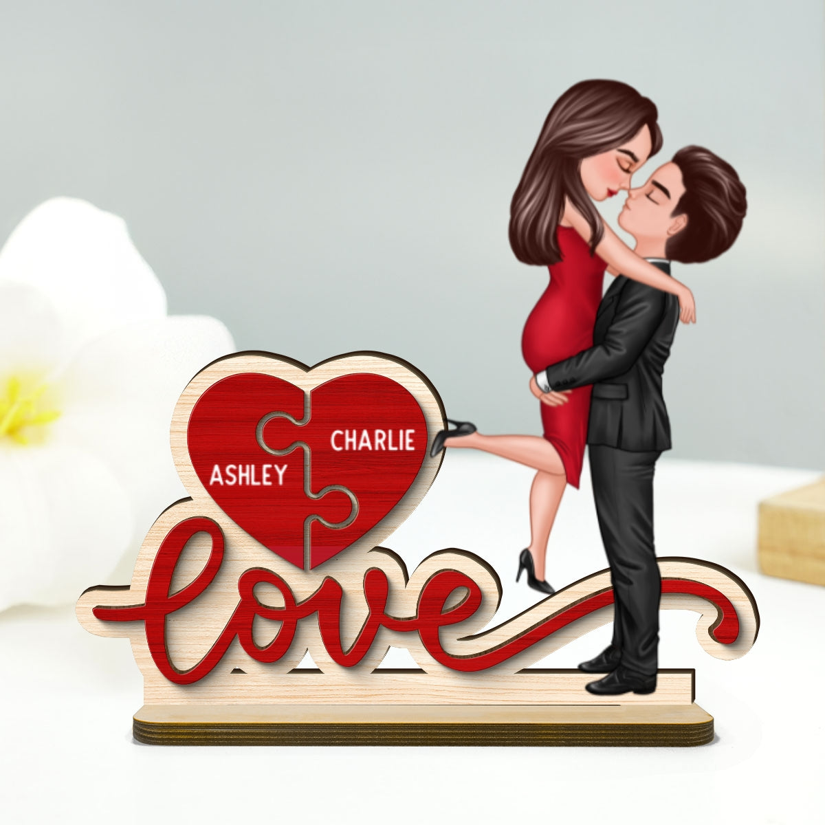Couple Hugging Kissing Love Missing Piece Personalized 2-Layer Standing Wooden Plaque,  Gift For Him or Her
