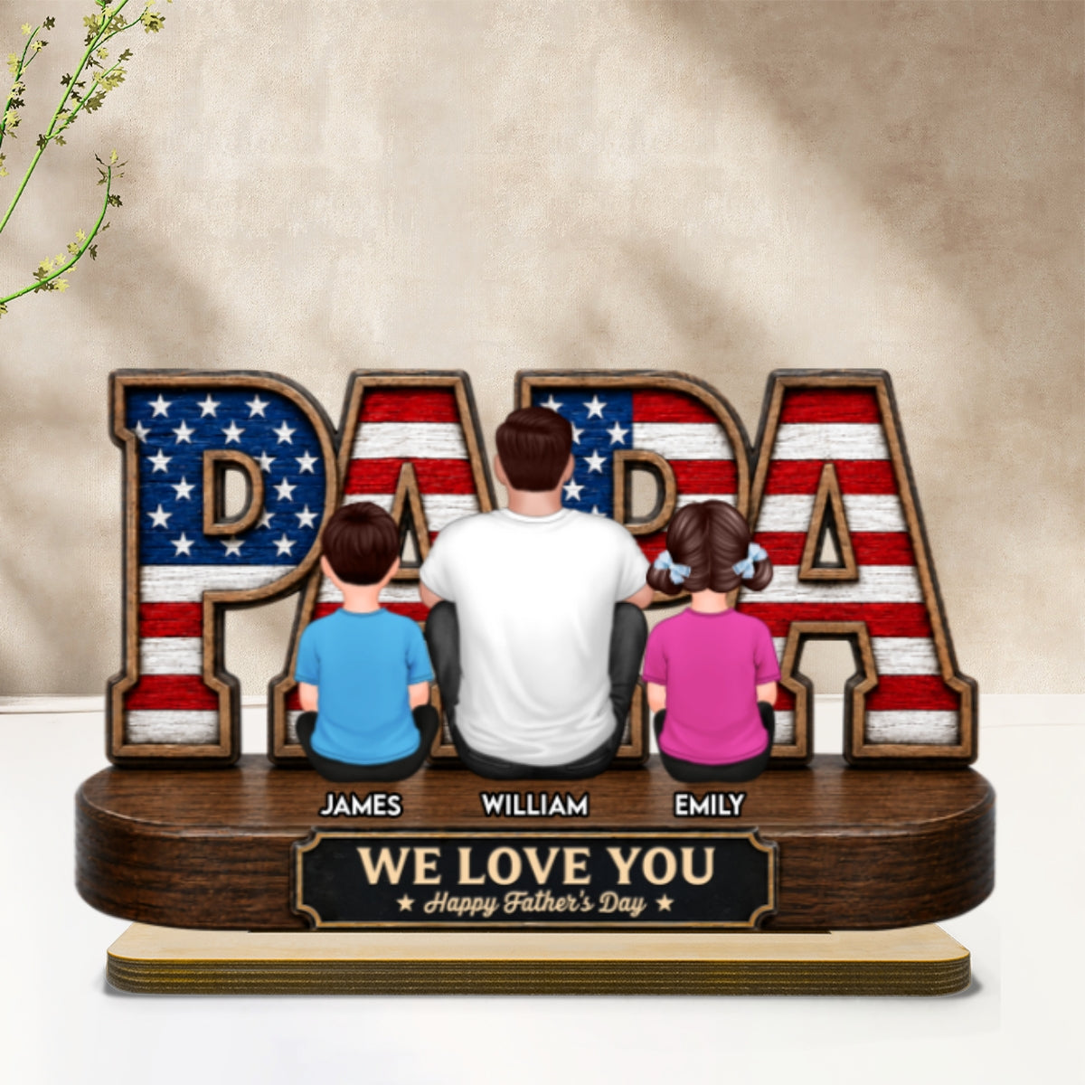 Proud Papa Grandpa Nation Flag Grandpa Dad And Kids - Personalized 2-Layered Wooden Plaque - Father's Day Gift For Dad, Husband