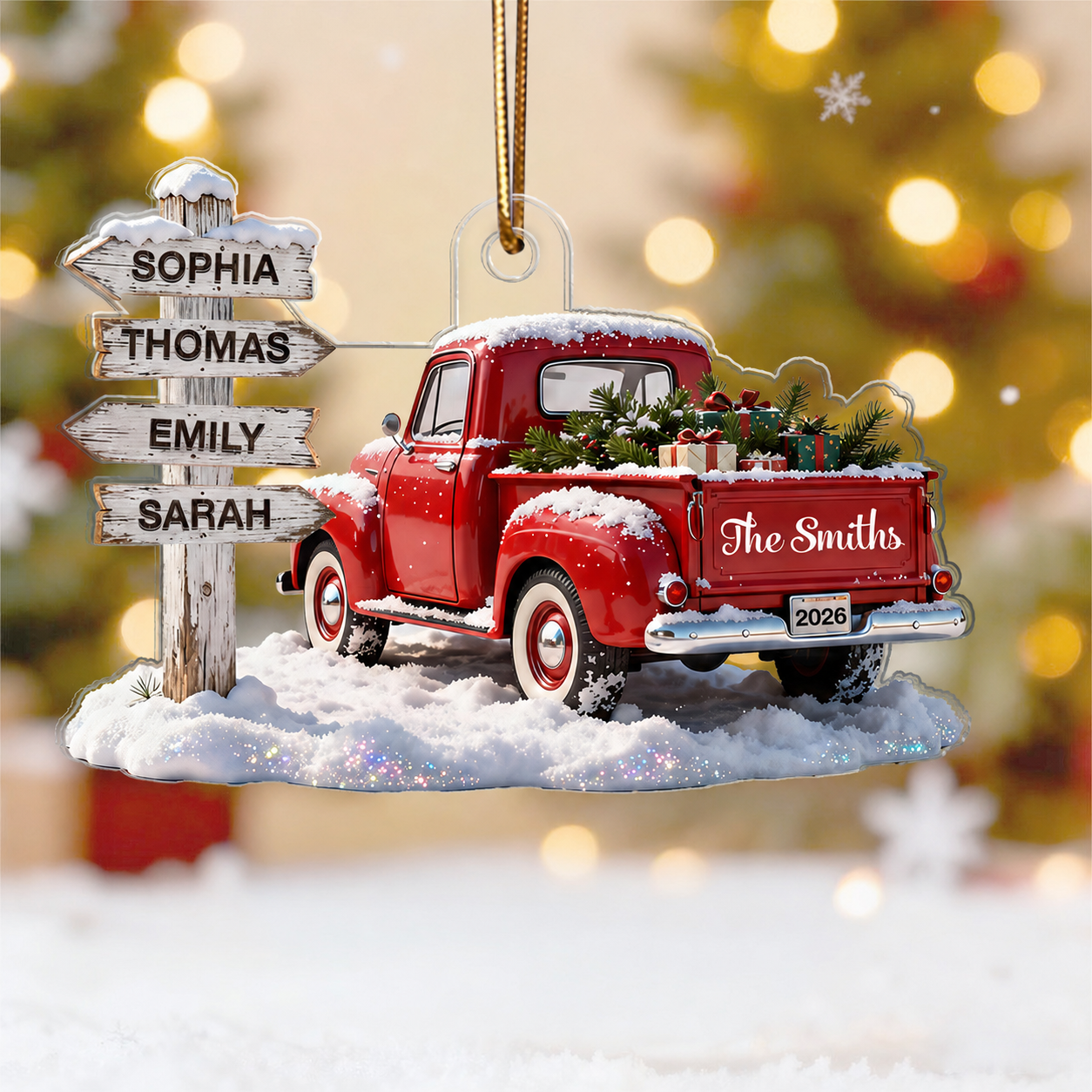 3D Effect Nostalgia Christmas Truck Family Sign Posts Custom Names - Personalized Acrylic Ornament - Gift For Family, Farmhouse Decor