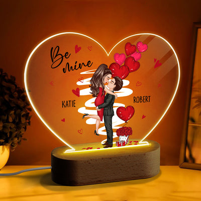 Be Mine Doll Couple Kissing Personalized Heart Plaque LED Night Light - Gift For Him Gift For Her
