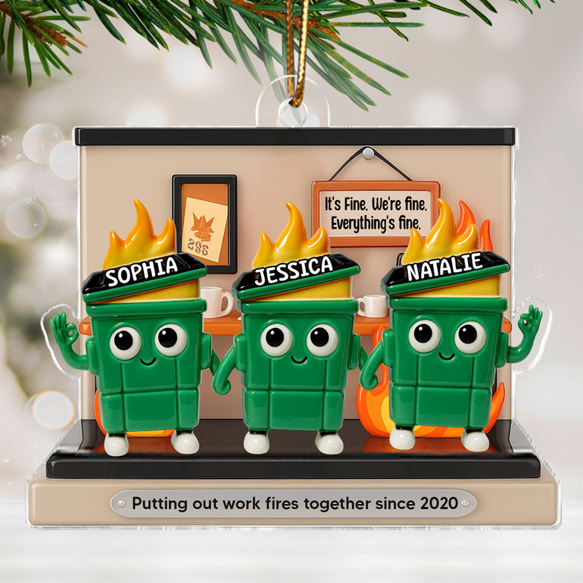 3D Effect Dumpster Fires In Office Scene - Personalized Acrylic Ornament - Funny Gift For Colleagues, Work Besties