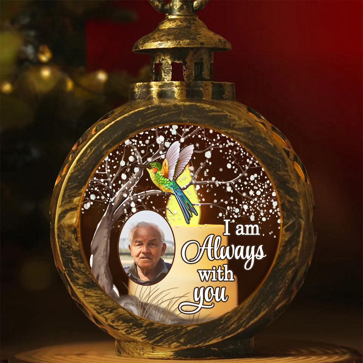 Hummingbird Always With You Blossom Tree Memorial Custom Photo Personalized Lantern Ornament, Remembrance Gif
