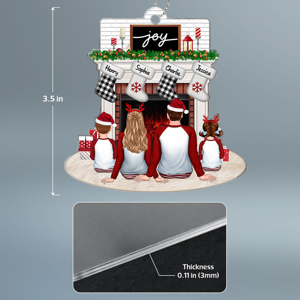 Pajamas Family Dad Mom Kids Dogs Cats Sitting At Christmas Fireplace Personalized Acrylic Ornament