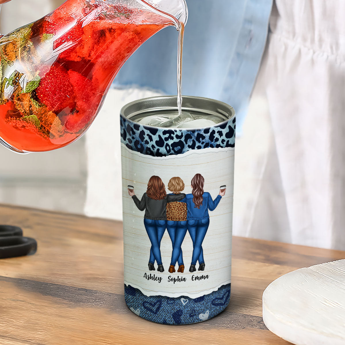 Leopard And Denim Besties Sisters Personalized 4 In 1 Can Cooler