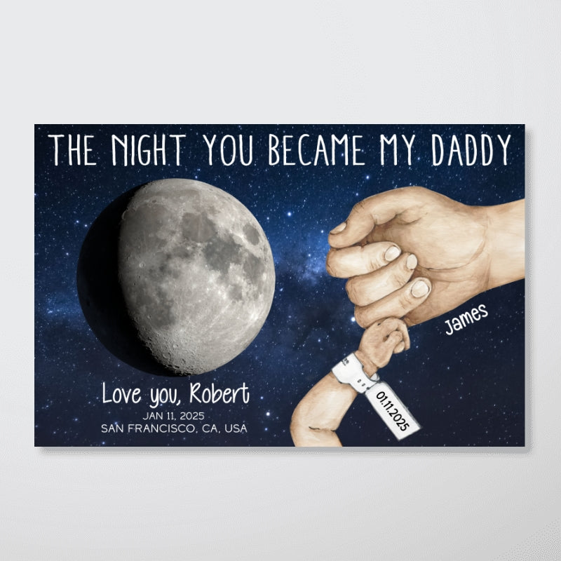 Daddy Newborn Holding Hands Moon Phase Art Personalized Poster, Gift For New Dad, First Time Dad