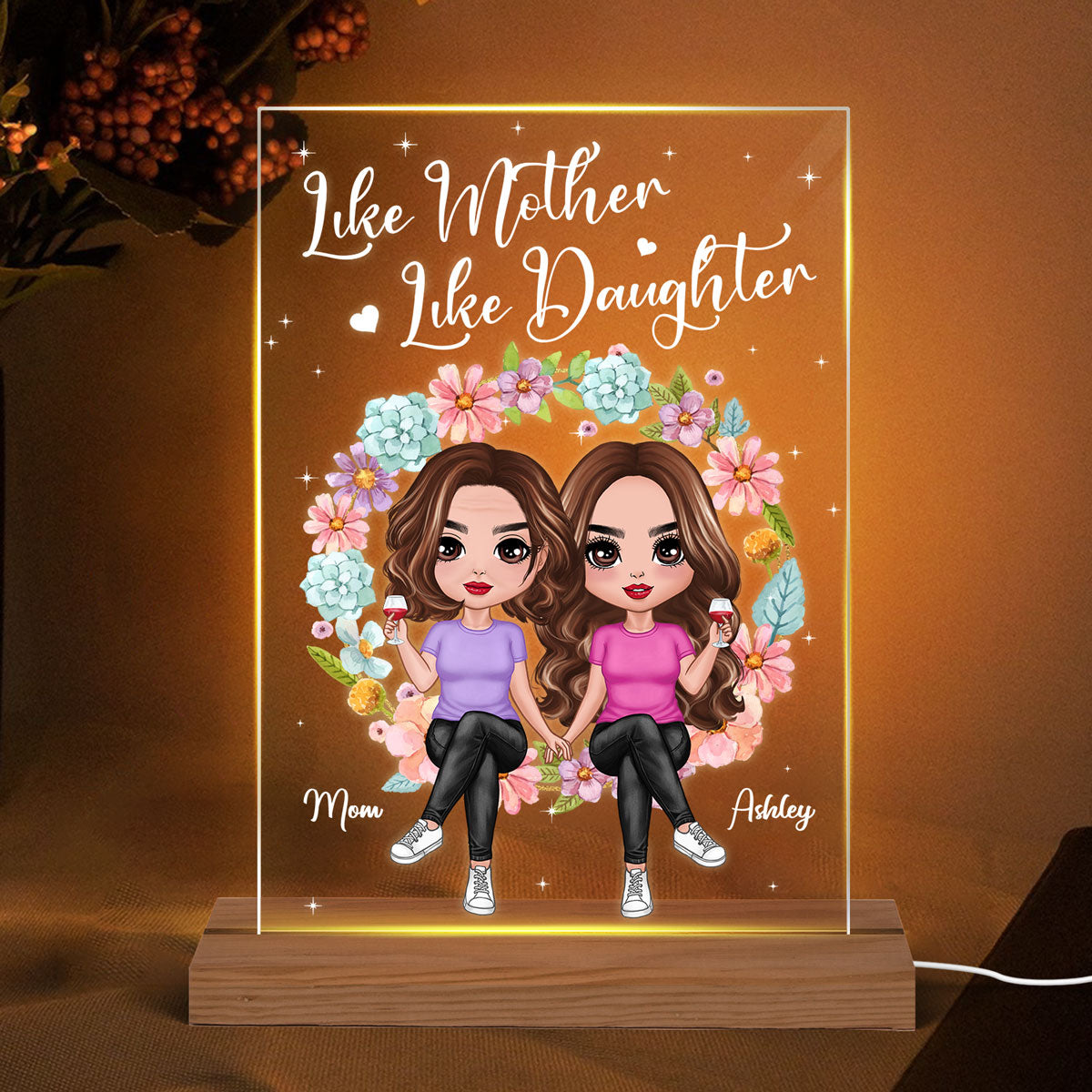Doll Mom And Daughter Sitting On Floral Wreath Personalized Acrylic Plaque LED Night Light