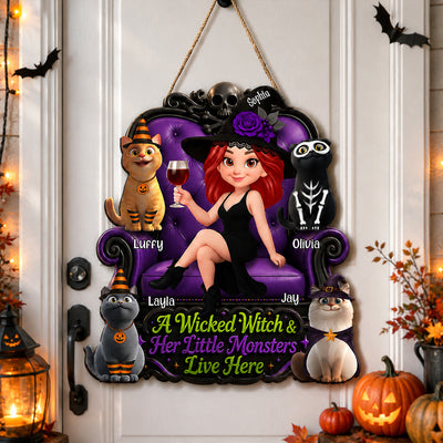 A Wicked Witch and Her Little Monsters Live Here - Personalized Wooden Door Sign - Halloween Decor for Cat Moms