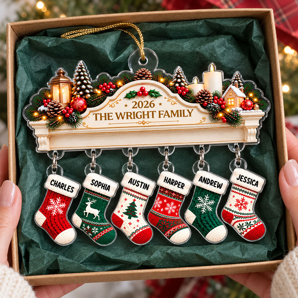 Family Christmas Stockings Mantel - Personalized Acrylic Ornament With Hanging Pieces - Christmas Keepsake for Family