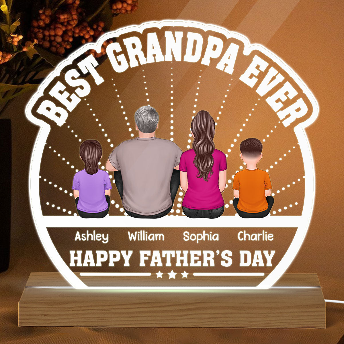 Best Grandpa Ever Back View Man Kids Dog Cat Personalized Custom Shaped Acrylic Plaque With Warm LED Night Light
