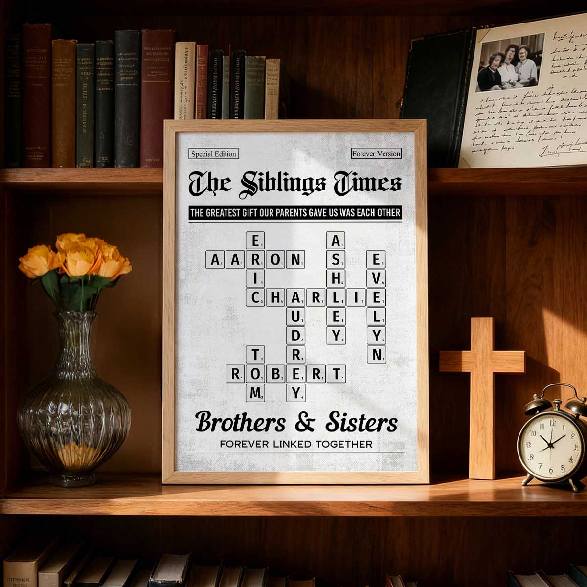The Siblings Times Crossword Puzzle Newspaper Style - Personalized Poster - Keepsake Gift For Brothers, Sisters