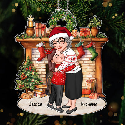 Grandma & Grandkid Hugging By Christmas Fireplace Personalized Acrylic Ornament