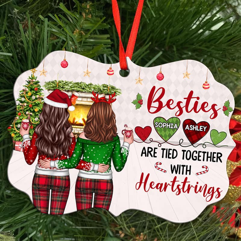 Christmas Besties Back View Tied With Heartstrings Personalized Christmas Ornament