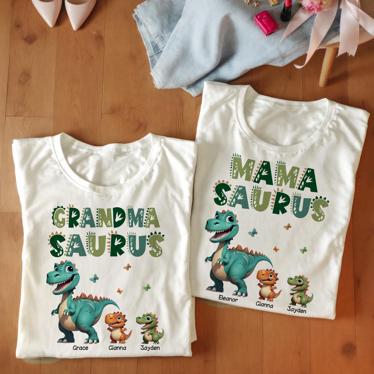 3D Effect Grandmasaurus And Mamasaurus Personalized Shirts [Set Of 2 Shirts]