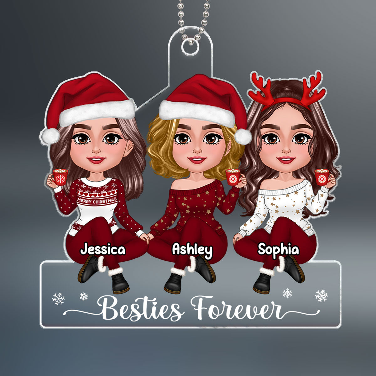 Pretty Besties Sisters Sitting Red Clothes Christmas Gift Personalized Acrylic Ornament